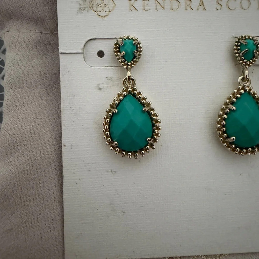 Kendra Scott Gold and Teal Drop Earrings - Picture 2 of 4